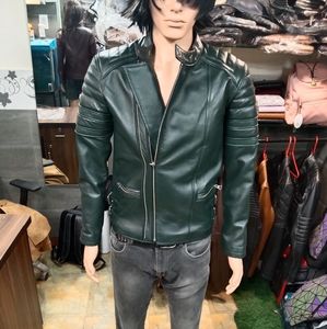 Men's genuine biker green leather jacket